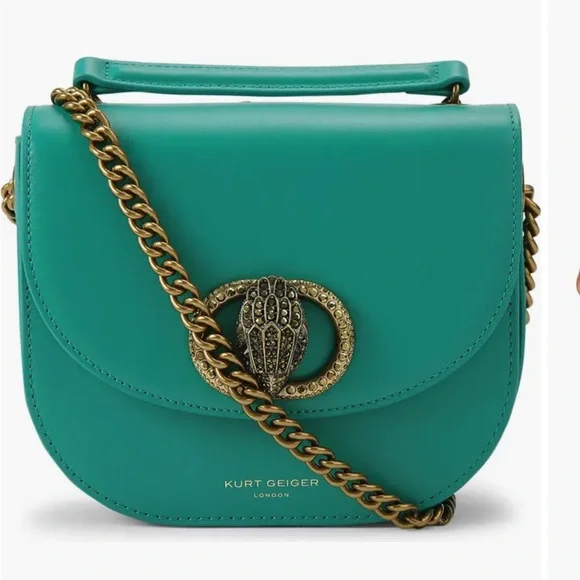 ✨Kurt Geiger NWT Chelsea Teal Leather Saddle Crossbody, Brass Chain, KG dustbag - Picture 2 of 15